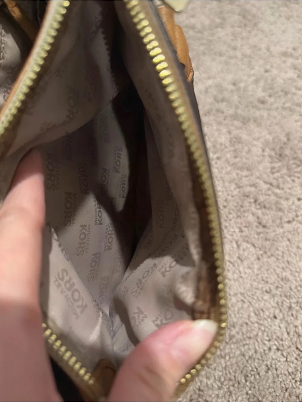 Michael Kors Cream Logo Canvas Satchel with Brown Trim